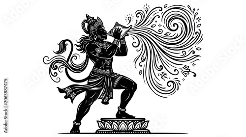 Schilderij op canvas Hindu deity hanuman blowing a shankha shell with decorative patterns