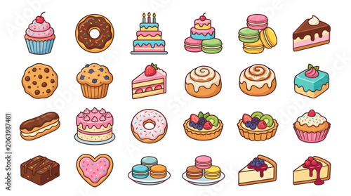 Bild auf Leinwand Colorful dessert icons featuring cakes donuts and pastries