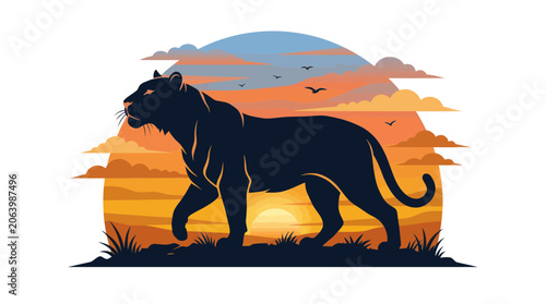 Obraz na płótnie Wild big cat silhouette walking across a savannah sunset