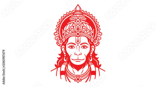 Photography Lord hanuman face in red line art with ornate crown and tilak