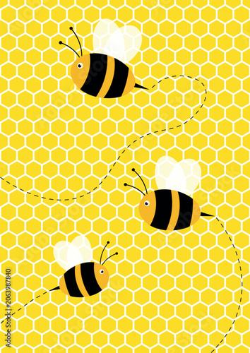 cartoon colour vector illustration of bees on honeycomb