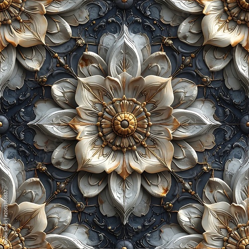 Ornate floral pattern with gold and silver hues on dark background
