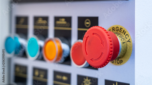 Принти на полотні Machine control panel featuring a red emergency stop button for industrial safet