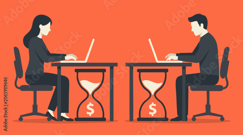 Foto Time is Money Concept: Man and Woman Working on Laptops with Hourglasses