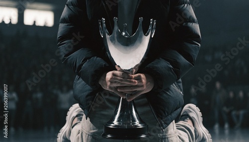 A jubilant sports fan celebrates a major victory by raising a gleaming silver trophy high above their head, set against a blurred background of a cheering crowd in a massive professional stadium.