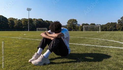 An unidentifiable soccer player in full uniform sits thoughtfully on the pitch, his presence framed by the vast, empty stadium seating behind him, reflecting on the intense game and his performance.