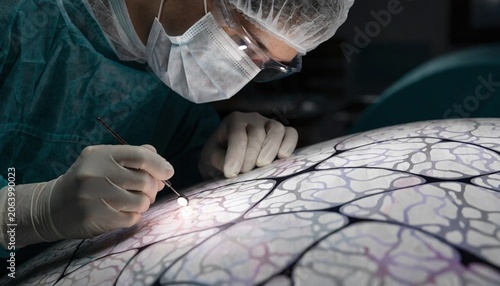 A dedicated surgeon in sterile blue scrubs meticulously examines a glowing, complex medical data pattern or abstract neural network, representing the cutting edge of modern healthcare technology.