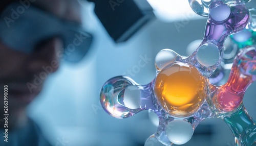 Senior biologist conducting research in a sterile laboratory, analyzing a complex microscopic abstract molecule model with advanced technology for medical scientific breakthroughs and cures.