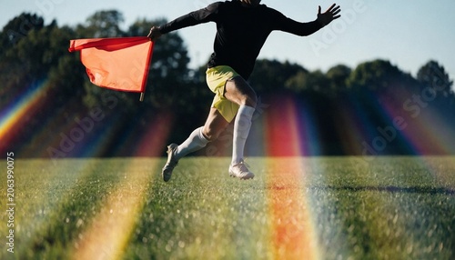 Passionate Soccer Player Proudly Holding a Large Blank Vibrant Colored Flag against a Dramatic Stadium Backdrop, Symbolizing Victory, Team Spirit, and National Pride during a Major Sports Event.