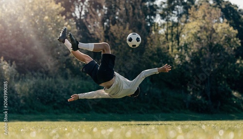 Dynamic Action Shot of a Soccer Striker Performing a Powerful Bicycle Kick in Mid-Air on a Professional Grass Pitch under Bright Stadium Lights, Representing Athleticism and Competitive Excellence.