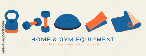 Home and gym training equipment illustration with dumbbells, kettlebell, resistance bands, yoga mat and BOSU trainer for fitness and workout themes.