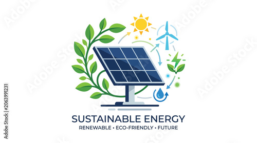Sustainable energy concept with solar panel solar energy wind power and green leaves.