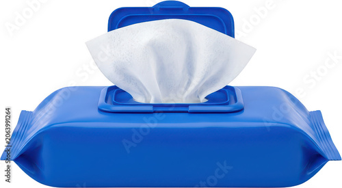 A blue package of opened wet wipes with textured white cloths emerging from the dispensing slot presented frontally baby wipes facial wipes makeup remover cleansing wipes