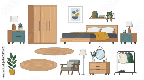 Bild auf Leinwand Modern Bedroom Furniture Set - Wardrobe, Bed, Nightstands, Chair, Art, Plants