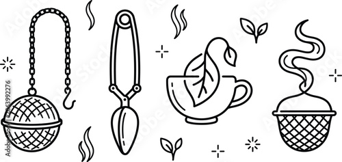 Cuadro en lienzo Tea Infuser Strainer and Hot Herbal Cup Icon Set for Cafe Menu Designs