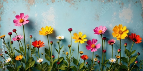 Loose wildflowers held gently, aged wall in soft focus, macro, design