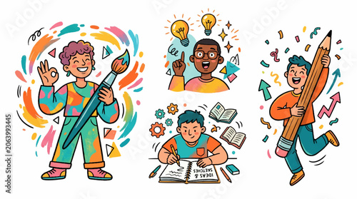 Φωτογραφία Set of creative education and art concept illustrations featuring students with