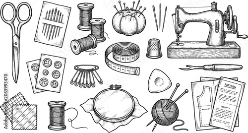 Photos Vintage Sewing Machine Tailor Tools and Needlework Craft Accessories Hand Drawn