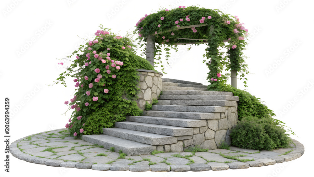 Naklejka premium Ancient Stone Garden Staircase with Pink Flowers Isolated on White Background