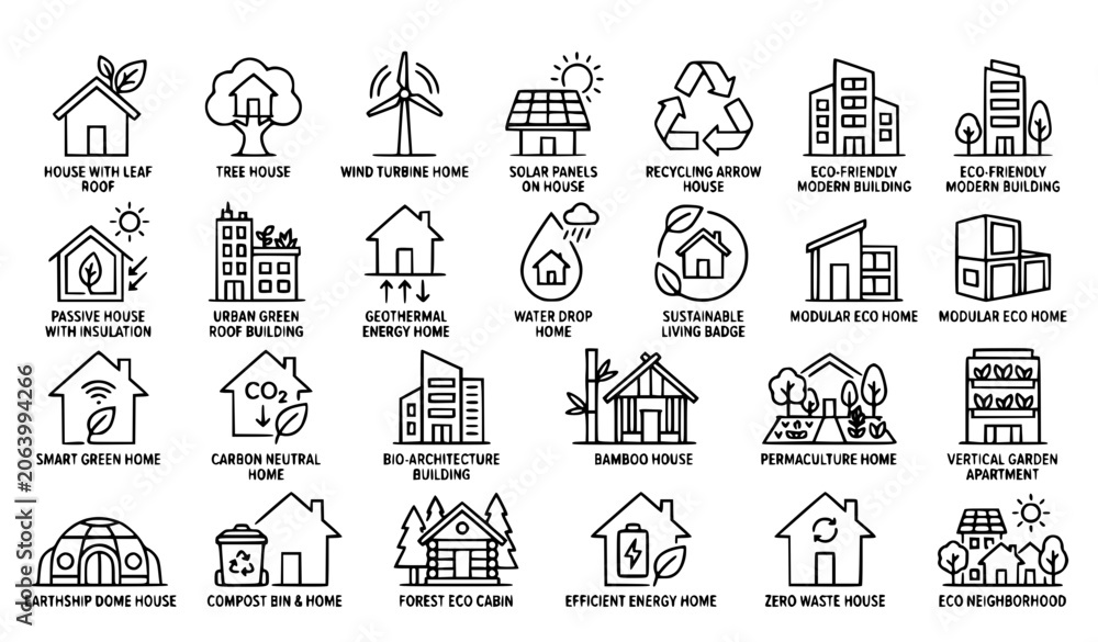 Fototapeta premium Eco House Line Icons Set with Green Home and Leaf Outline Logo Symbols