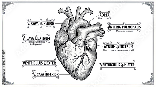 Quadro em tela Vintage Anatomical Heart Illustration with Labels