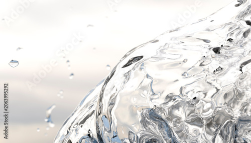Close-up of flowing clear water with droplets against a light sky background. Illustration, rendering