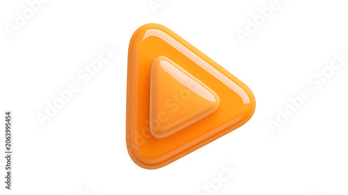 Orange play button, multimedia symbol for video and audio content and user interface design, white background