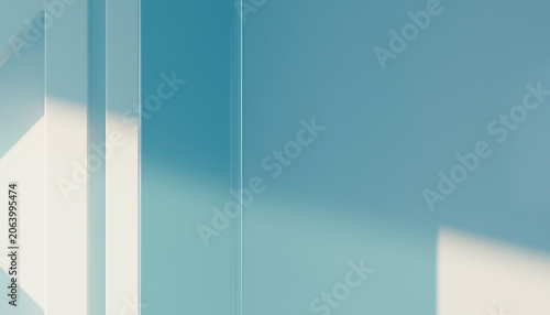 Soft shadows and light create a calming abstract pattern on a blue and white wall. Illustration, rendering