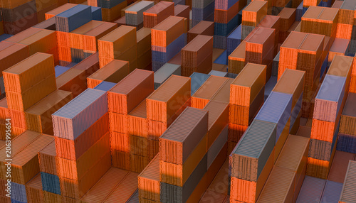 Stacked shipping containers in various colors form a geometric industrial pattern at sunset. Illustration, rendering