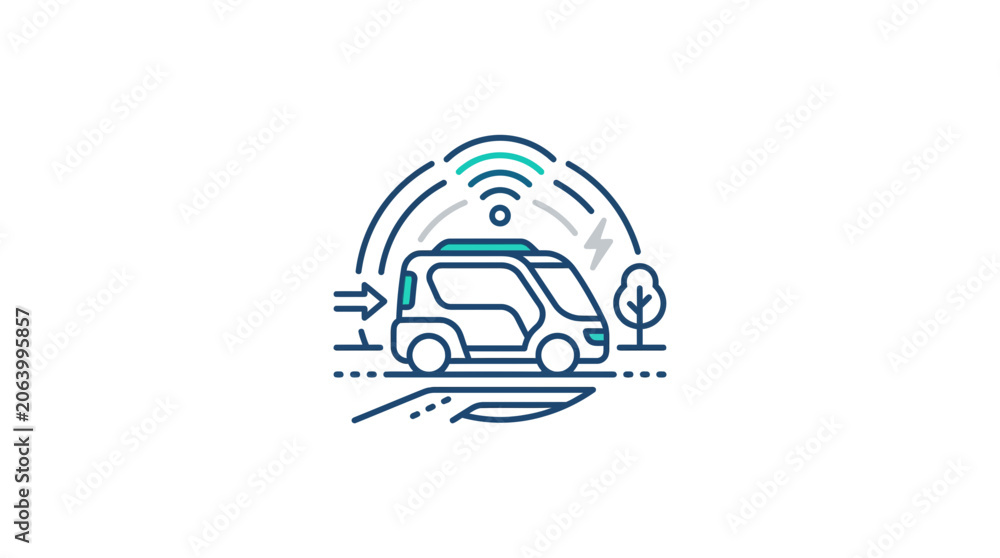 Fototapeta premium Connected electric delivery van with wireless smart network signal.