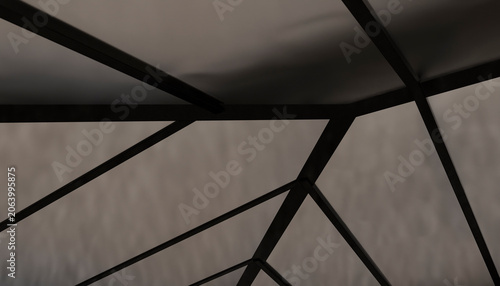Geometric abstract view of intersecting metal beams against a muted background. Illustration, rendering