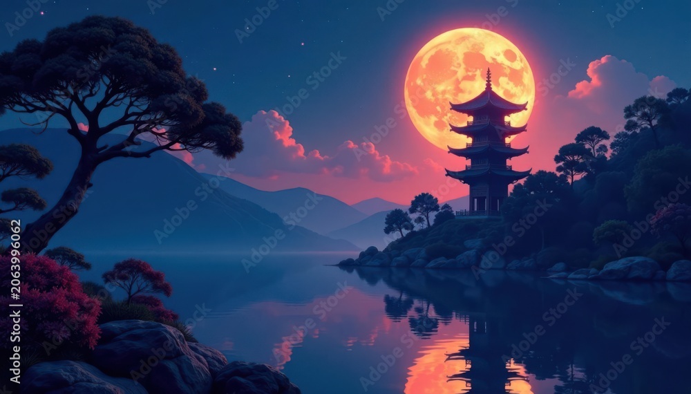 Fototapeta premium Serene moonlit garden, oriental pagoda silhouette, dark, illustration, china