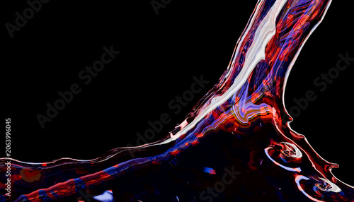 Colorful fluid stream with intricate patterns flowing against a dark background. Illustration, rendering
