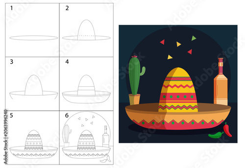 Step-by-step tutorial on how to draw a Mexican sombrero hat. Drawing stages, tutorial for beginners. Traditional items, folk, cult, culture.
