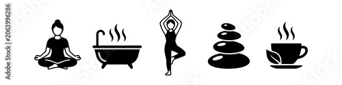 Canvas Print Set of minimalist black icons representing wellness and self-care, featuring yoga, meditation, a hot bath, spa stones, and herbal tea on a white background