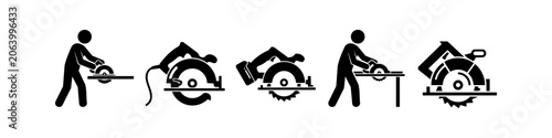 Valokuva Set of circular saw icons and silhouettes of carpenters at work