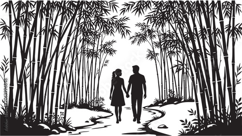 Φωτογραφία Couple Walking Through a Bamboo Grove in a Minimalist Black and White Silhouette