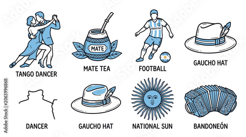 Tableau sur toile Argentina Icons: Tango, Football, Mate, Gaucho Hat, Sun, Bandoneon