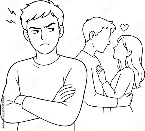 Jealous man feeling jealousy looking at couple in love outline sketch drawing