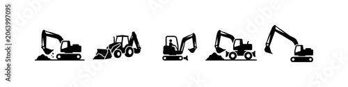фотографія Set of black silhouette icons featuring various construction machinery like excavators, backhoes, and heavy digging equipment on a white background