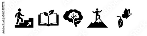 Fotografía Set of minimalist personal growth and self-improvement icons representing progress, learning, mindset, success, and transformation on a white background