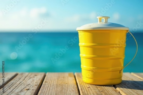 Striped yellow container, textured metal, ocean backdrop, export, commerce, striped