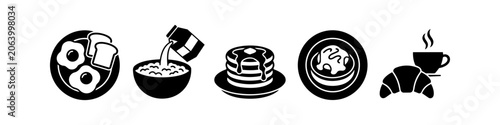 Fotografía Minimalist black icons of common breakfast items including fried eggs, toast, cereal with milk, pancakes with syrup, oatmeal, a croissant, and a hot cup of coffee on a white background