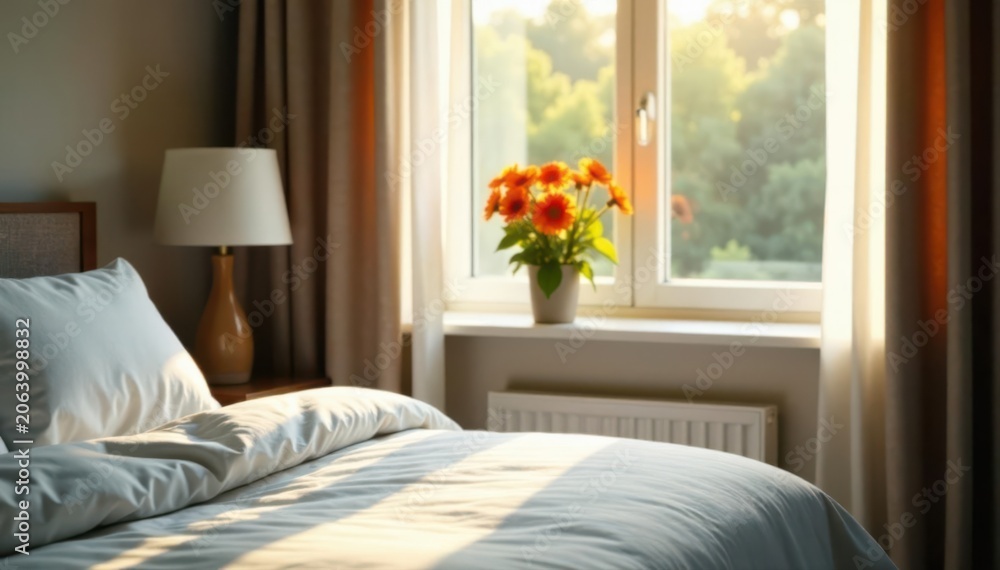 Fototapeta premium Sunlight streams through window, illuminating vibrant flowers on bedside table, element, bedside