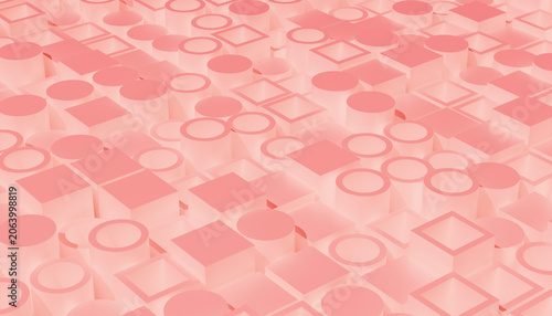 Geometric pink 3D shapes arranged in a grid pattern creating a modern abstract background.