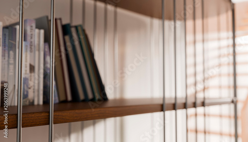 Books neatly arranged on a wooden shelf with a minimalist metal frame design.