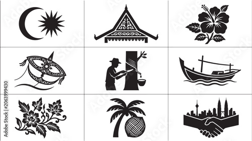 Malaysia Independence Icons Set with Moon, Hibiscus, Mosque, Boat, Craftsman Handshake and Palm Tree