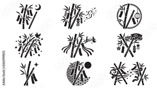 Bamboo Silhouettes Set with Tanabata Motifs, Stars, and Moon, Black Ornamental Vector-Like Designs for Seasonal Festive Banners