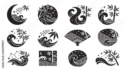 Photos Moon and Wave Silhouette Set with Starry Night Sky, Bamboo Leaves, and Japanese
