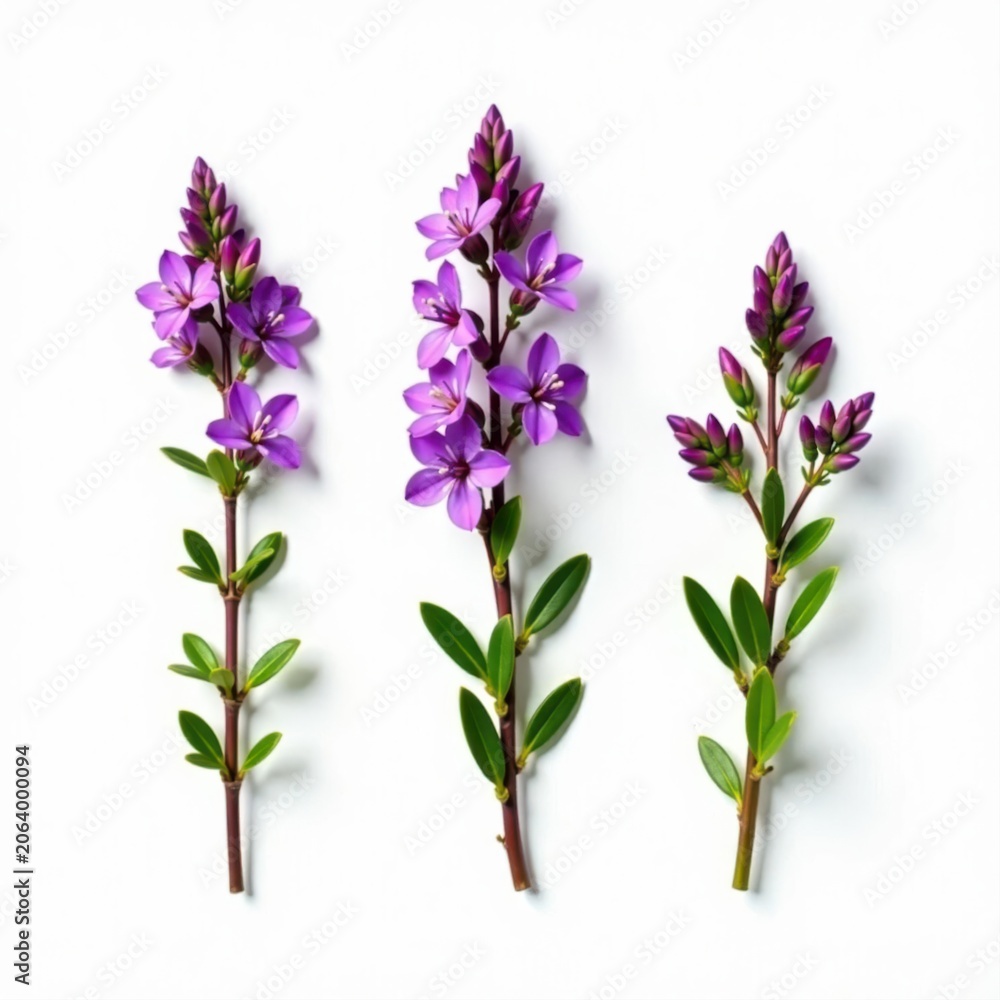 Obraz premium Three sprigs of vibrant purple thyme blossoms, isolated on white background , ingredient, herb